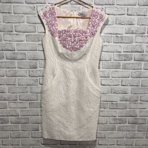 Pamella Roland White Beaded 100% Silk Made In The USA Size 4 Embossed Dress - Picture 1 of 14